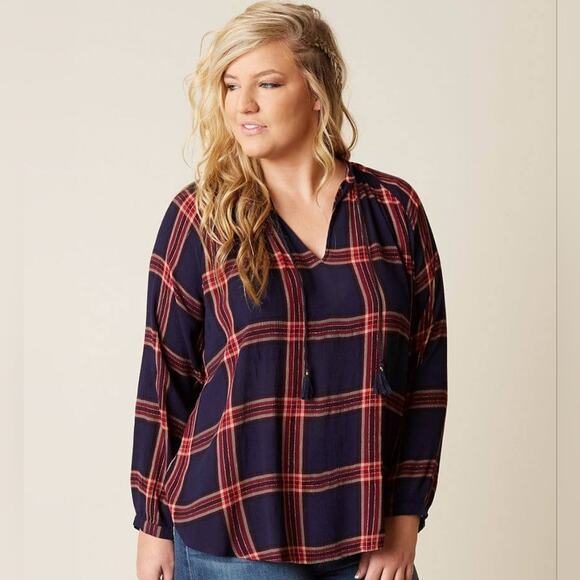 LUCKY BRAND Red Plaid Tassel Peasant Top Boho Fall Plus Size 1X - Picture 1 of 12